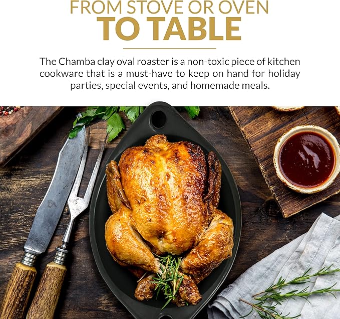 Authentic Chamba Covered Oval Roaster-Elegant, All-Natural Black Clay Casserole for Braising
