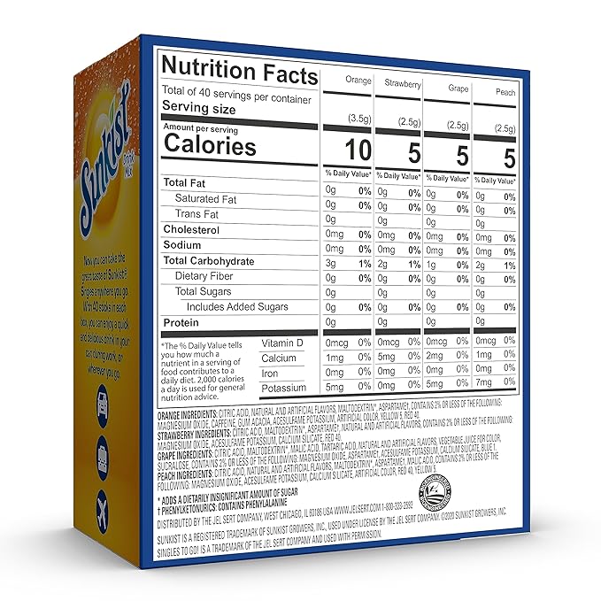 Sunkist Soda Variety Pack, Singles To Go Orange, Strawberry, Grape and Peach (40 Total Sticks)