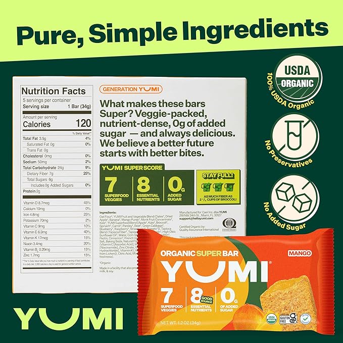YUMI Organic Breakfast Superbar, Gluten-Free, No Added Sugar, 7+ Vegetables, Soft-Baked Crust