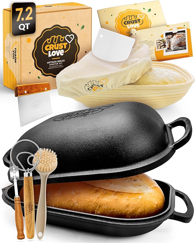 Cast Iron Bread-Pan with Lid - incl. Sourdough Bread Baking Supplies - like Banneton Bread-Proofing