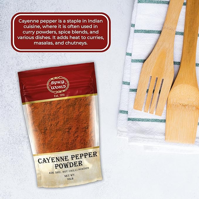 Spicy World Cayenne Pepper Powder Ground Chili Pepper 10 Pound Bulk Bag - 40K SHU, Hot Chilli Powder