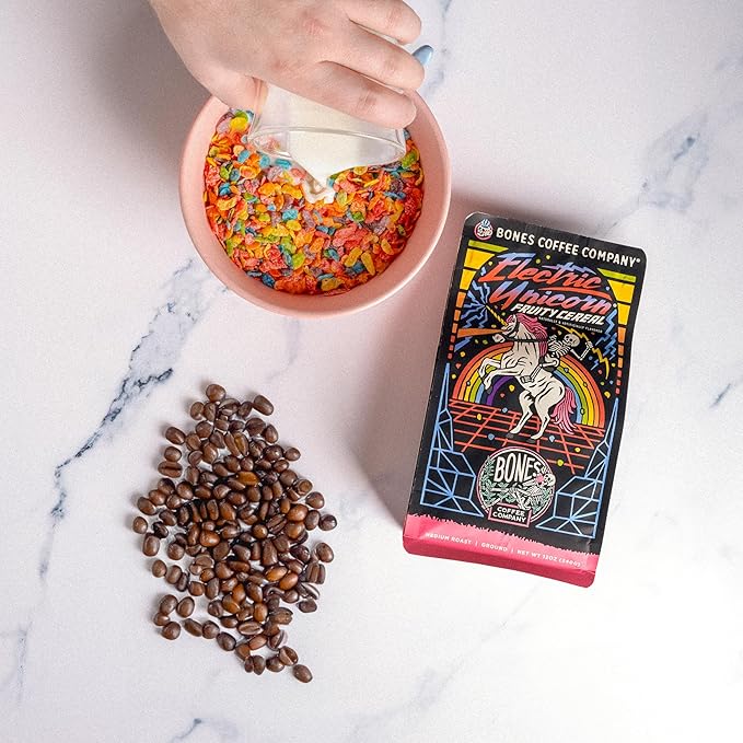 Bones Coffee Company Electric Unicorn, Fruity Cereal With Milk Flavored Coffee, Medium Roast Low