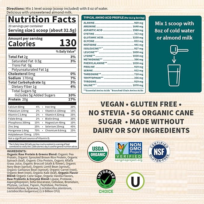 Garden of Life Raw Organic Protein & Greens Lightly Sweet, Vegan Protein Powder for Women and Men