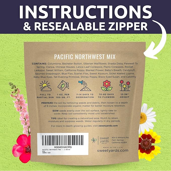 Pacific Northwest Regional Mix - Large 1 Ounce Packet - 24,000 Flower Seeds for Planting