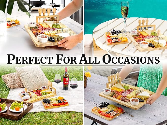 Zulay Kitchen Premium Bamboo Cheese Board Set - Extra Thick Bamboo Charcuterie Board Set with 4