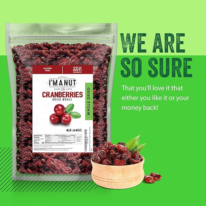 Dried Cranberries Original 4 lbs,(64oz) Batch Tested Gluten & Peanut Free | Resealable Bag | High