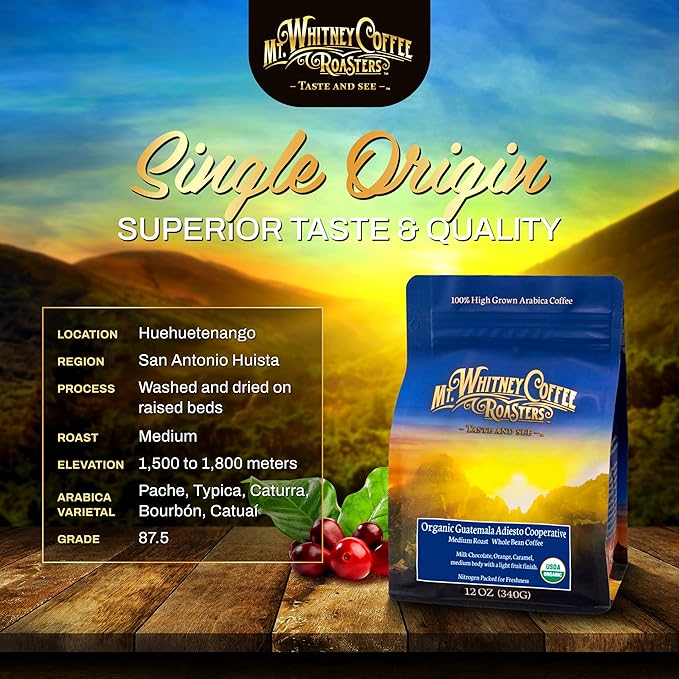 Mt. Whitney Guatemala Adiesto Cooperative Organic, Low Acid, Whole Bean Coffee - Coffee Beans