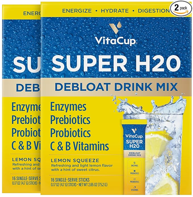 VitaCup Super H2O Bloating Relief and Digestive Health Drink Mix Packets, Probiotics, Prebiotics, C