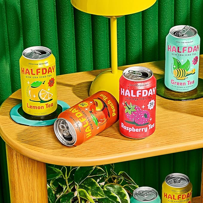 HALFDAY Prebiotic Iced Tea Lemon, Peach, Raspberry and Green Tea with Honey & Ginseng Variety Pack