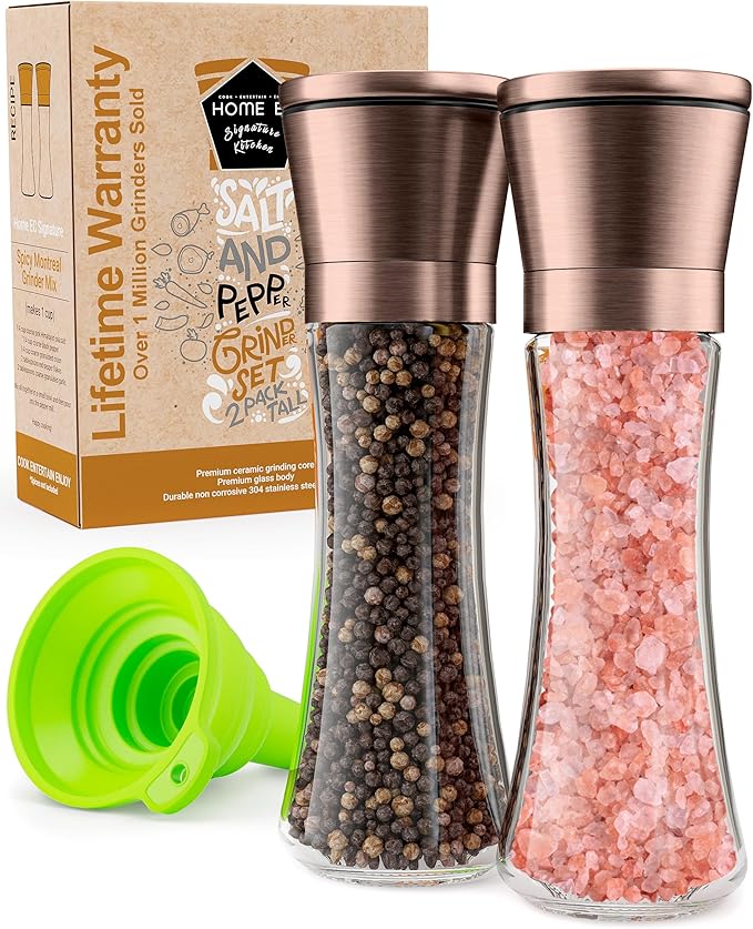 Home EC Original Copper Salt and Pepper Grinder Set of 2 - Adjustable Ceramic Grinder - Tall Glass
