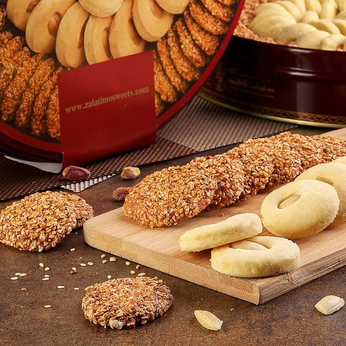 Zalatimo Sweets Since 1860, 100% All-Natural Sesame & Butter Shortbread Cookies, Round Gift Tin