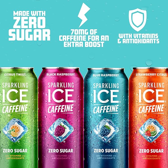 Sparkling Ice Caffeine Variety Pack, Flavored Sparkling Water, Zero Sugar, with Vitamins and