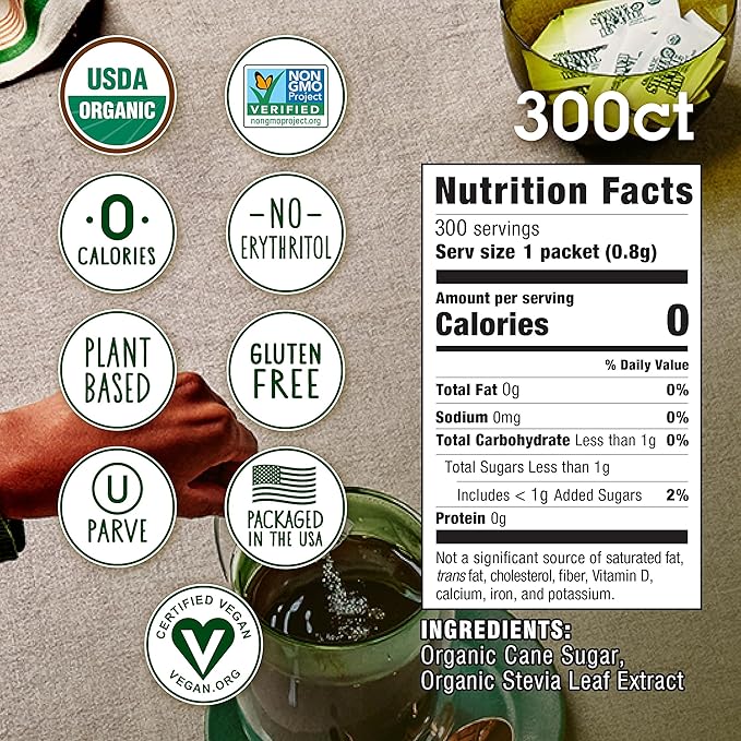 Stevia In The Raw Organic Stevia Sweetener Packets, 300 Ct, Zero Calorie Stevia Sugar Substitute