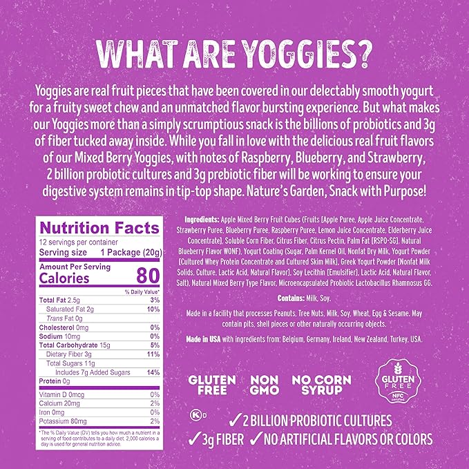 Nature's Garden Probiotic Mixed Berry Yoggies 12 x 0.7oz (Pack of 4) Yogurt Covered Fruit Snacks