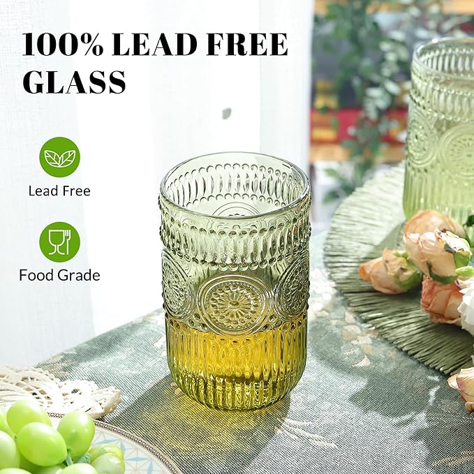 Joeyan Vintage Green Drinking Glasses Set of 4,14 oz Embossed Sunflower Beaded Highball Glass Water