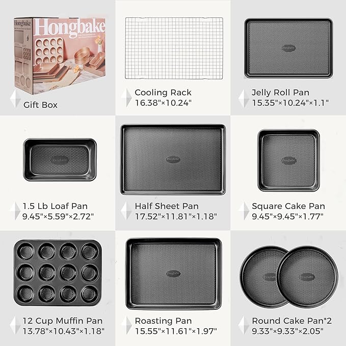 HONGBAKE 9-Piece Baking Pans Set Nonstick, Stackable Non Toxic Bakeware Sets with Diamond Texture
