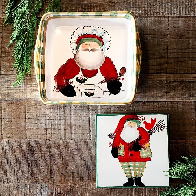 Vietri Old St. Nick Square Baker with Chef, Christmas Oven Baking Dish, 10" Square Earthenware Bake