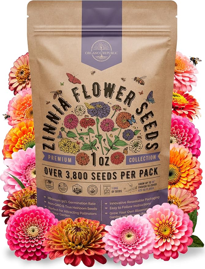Zinnia Seeds Pack 1 oz - Over 3,800 Non-GMO Heirloom Zinnia Seeds for Planting, Annual Flowers in