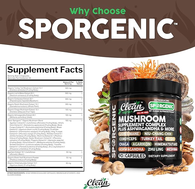 Organic Mushroom Supplement | Ashwagandha Lions Mane Cordyceps Turkey Tail Reishi Mushrooms Maca