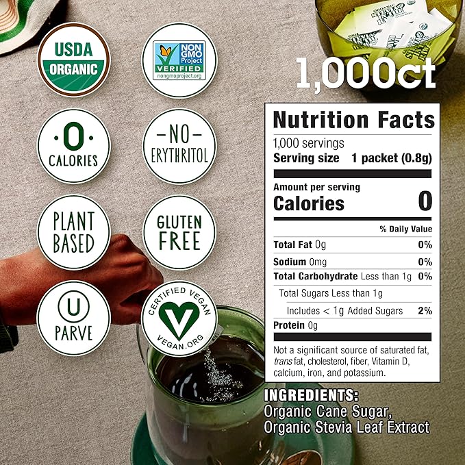 Stevia In The Raw Organic Stevia Sweetener Packets, 1,000 Ct, Zero Calorie Sugar Substitute