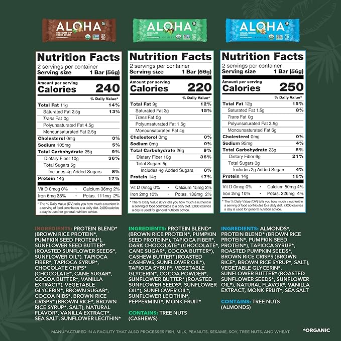 ALOHA Organic Plant Based Protein Bars - 6 Flavor Variety Pack - 12 Count, 1.9oz Bars - Vegan