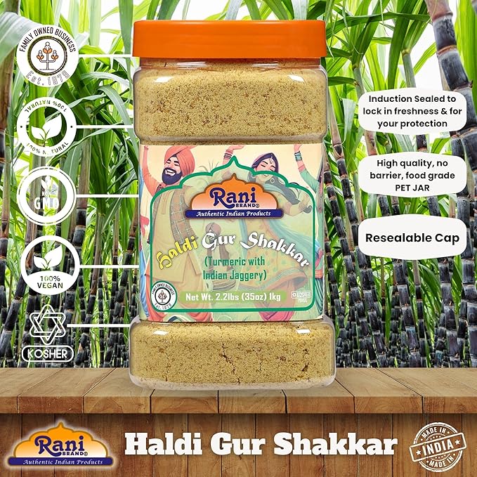 Rani Haldi Gur Shakkar (Turmeric with Indian Jaggery) Indian Unrefined Raw Cane Sugar 35oz (2.2lbs)