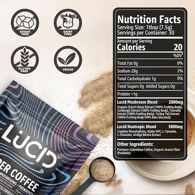 Lucid Superfood Organic Mushroom Coffee with Nootropics - Lion's Mane, Tremella, Cordyceps & Turkey