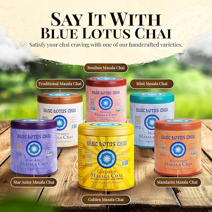 Blue Lotus Chai - Golden Masala Flavor Chai - Makes 100 Cups - 3 Ounce Masala Spiced Chai Powder