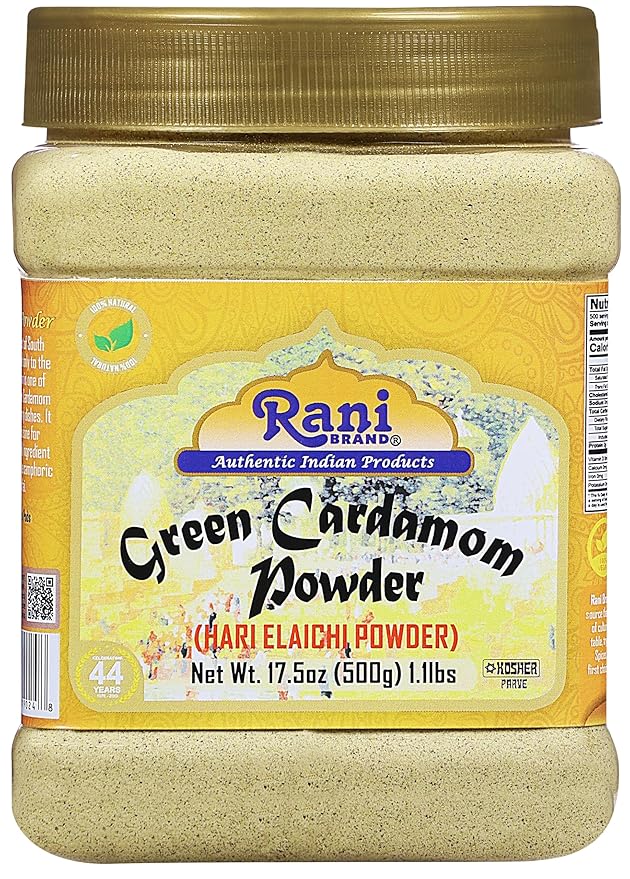 Rani Green Cardamom Pods Powder, Ground with Green Husks (Hari Elachi) 17.5oz (1.1lbs) 500g PET Jar