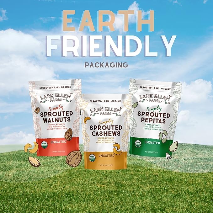 Lark Ellen Farm Sprouted Organic Certifed Cashews Unsalted - 10 oz Bag, Non GMO, Keto Snacks