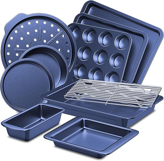 HONGBAKE Bakeware Sets, Baking Pans Set, Nonstick Oven Pan for Kitchen with Wider Grips, 10-Piece