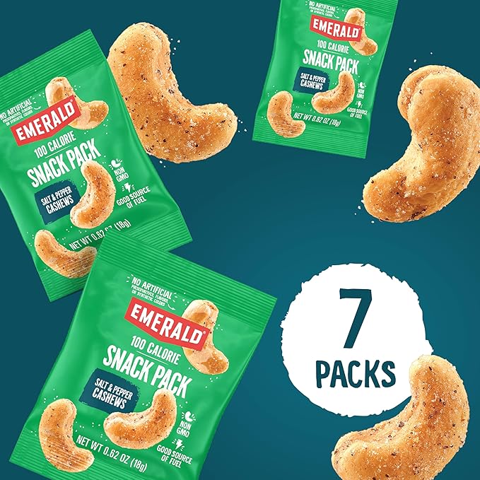 Emerald Nuts Salt and Pepper Seasoned Cashews 7ct (1-Pack), 100-Calorie Individual Packs, Kosher