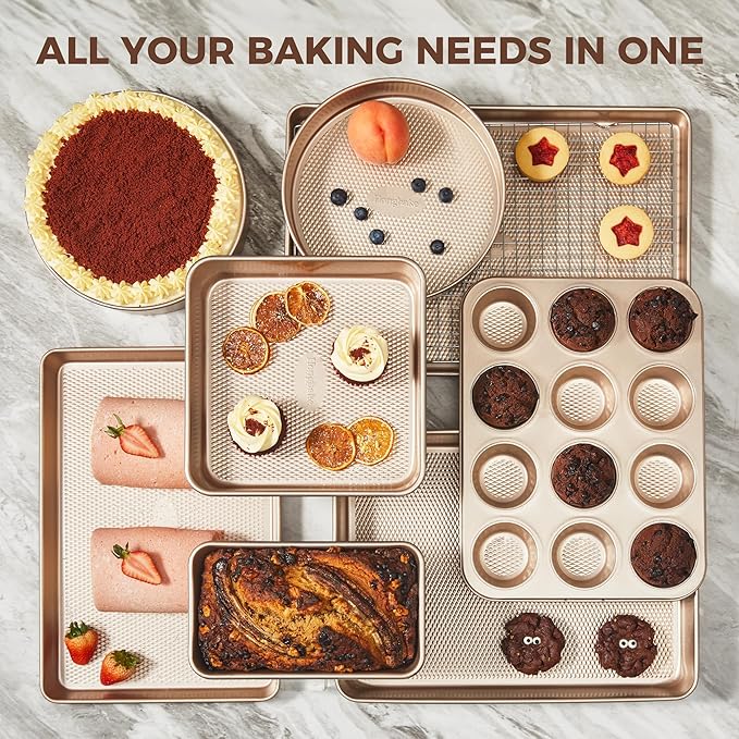 HONGBAKE 9-Piece Baking Pans Set Nonstick, Stackable Non Toxic Bakeware Sets with Diamond Texture