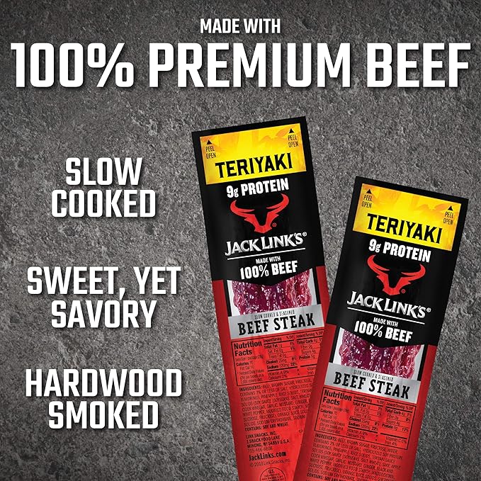 Jack Link's Beef Steak, Teriyaki - Protein Snacks, Meat Snack with 9g of Protein, Made with 100%