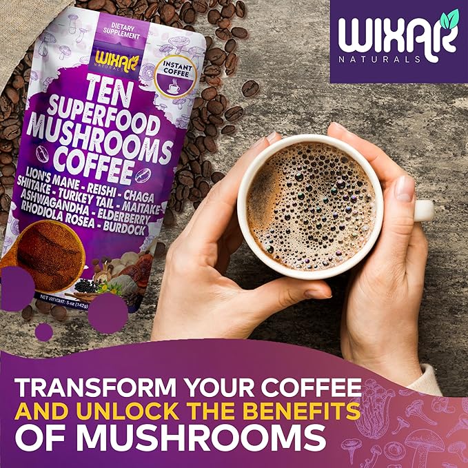 WIXAR Superfood Mushroom Coffee - Instant Coffee Powder, Ten Superfood Extracts with Lion's Mane