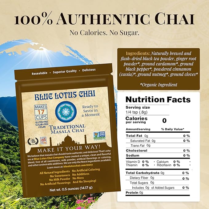 Blue Lotus Chai - Traditional Masala Chai - Makes 17 Cups - 0.5 oz Pouch Masala Spiced Chai Powder