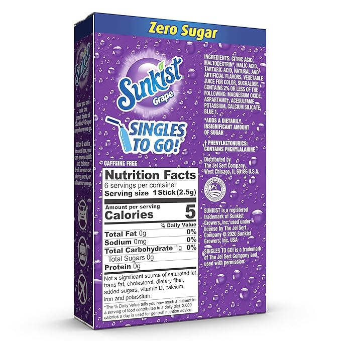 Sunkist Soda Singles To Go Drink Mix, Grape, 12 Boxes with 6 Packets Each - 72 Total Servings