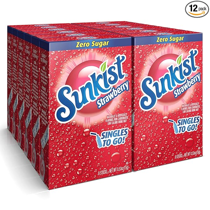 Sunkist Soda Singles To Go Drink Mix, Strawberry, 12 Boxes with 6 Packets Each - 72 Total Servings