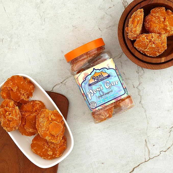 Rani Pesi Gur (Jaggery) Indian Unrefined Raw Cane Sugar 17.5oz (1.1lbs) 500g PET Jar ~ Gluten