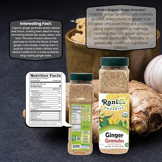 Rani Organic Granulated Ginger (Adarak Granules) 16oz (1lb) 454g PET Jar ~ All Natural | Gluten