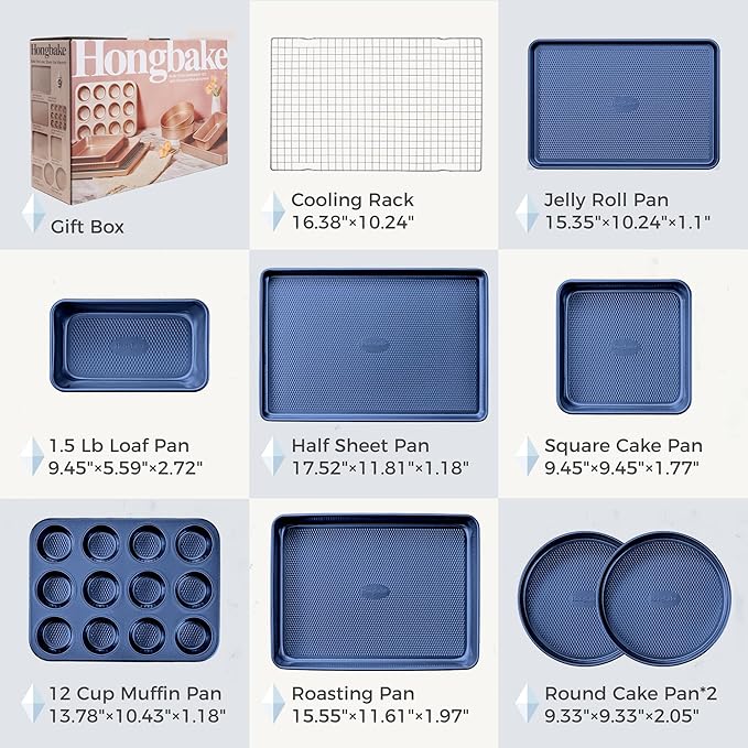 HONGBAKE 9-Piece Baking Pans Set Nonstick, Stackable Non Toxic Bakeware Sets with Diamond Texture
