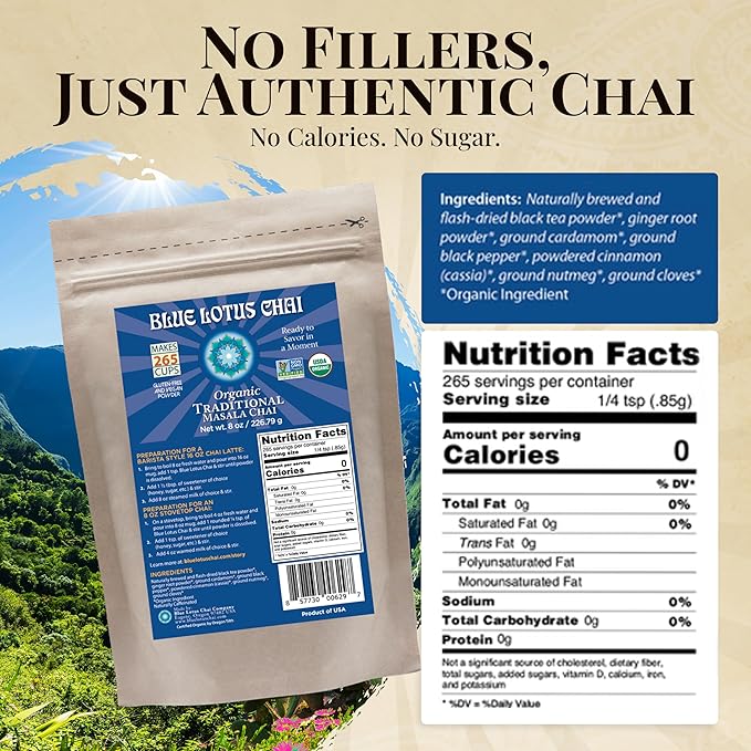Blue Lotus Chai – Fully Organic Traditional Masala Chai - Makes 265 Cups – Just Add Hot Water, No