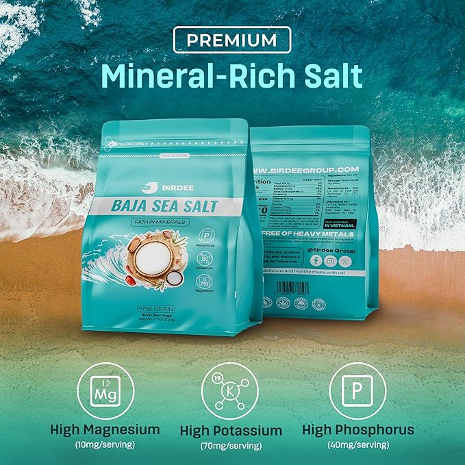 Birdee Baja Fine Ground Mineral Sea Salt, 17.6 oz ??Unrefined, Low Sodium, 90 Trace Minerals, Hand