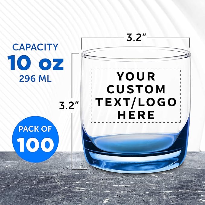 DISCOUNT PROMOS Custom Whiskey Glasses 10 oz Set of 100, Personalized Bulk Pack - Heavy Base Old