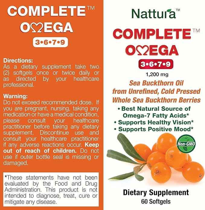 Nattura Complete Omega 3-6-7-9, Pure Sea Buckthorn Oil, European Quality, from Unrefined, Cold