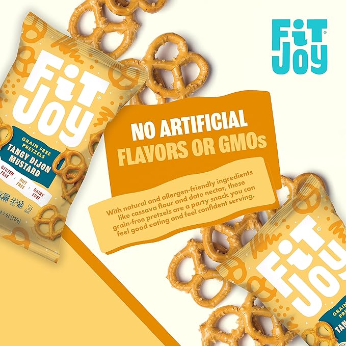 FitJoy Tangy Dijon Mustard Pretzels (Pack of 6, 4.5 Oz) - Dairy, Nut & Gluten Free Snacks - Grain