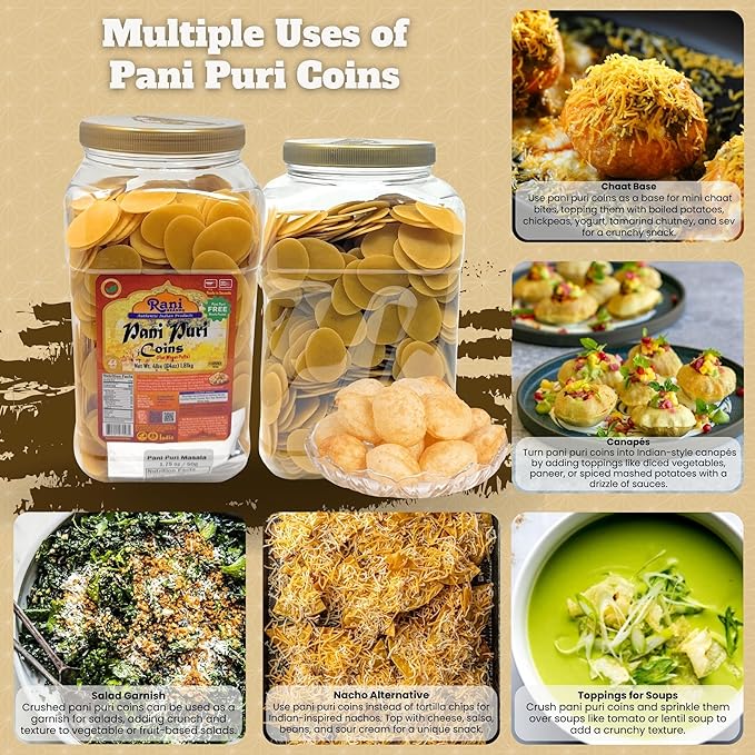 Rani Pani Puri Coins (Uncooked, Microwaveable Wheat Semolina Coins) 64oz (4lbs) w/Pani Puri Masala