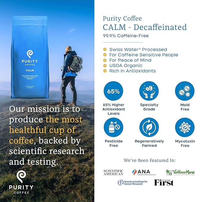 Purity Coffee CALM Decaf Medium Roast Whole Beans - USDA Certified Organic Specialty Grade Arabica
