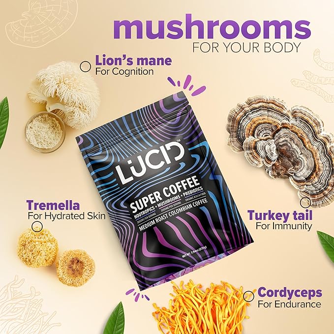 Lucid Superfood Organic Mushroom Coffee with Nootropics - Lion's Mane, Tremella, Cordyceps & Turkey