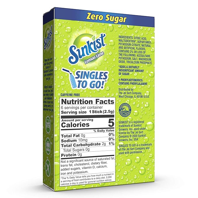 Sunkist Soda Lemon Lime Singles To Go Drink Mix, 0.53 OZ, 6 CT (Pack of 12)